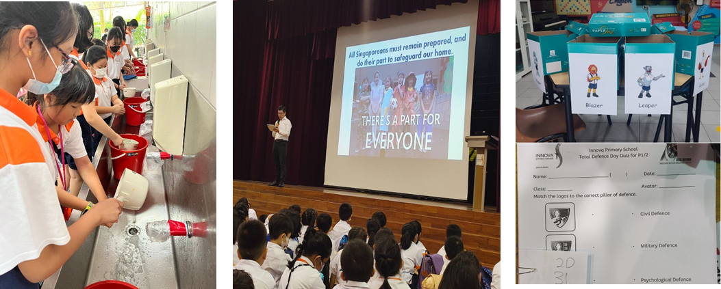 Three school scenes: students using fire hoses, a defence day assembly presentation, and a Total Defence Day quiz worksheet.